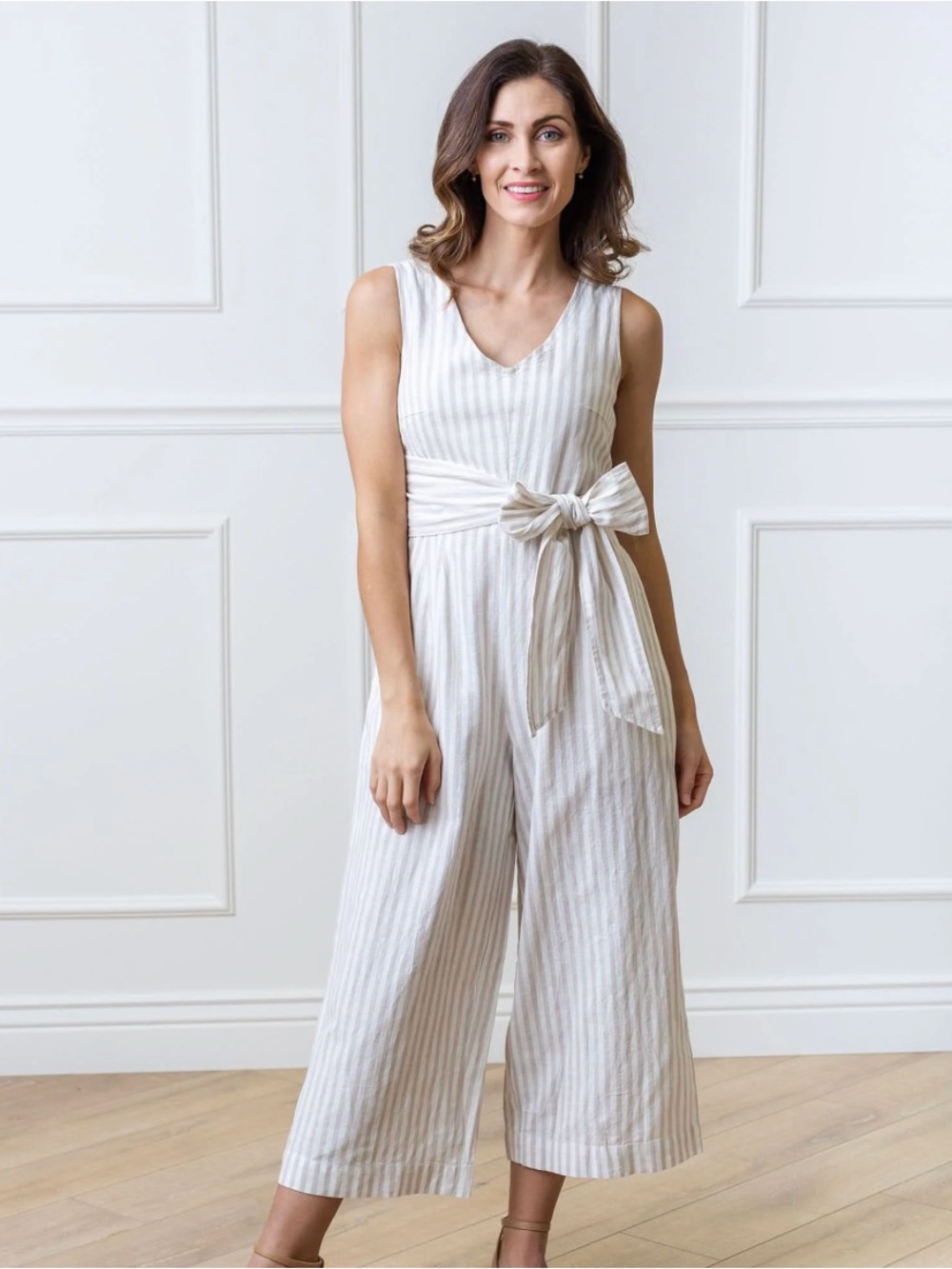 Sleeveless Tie-Waist Linen-Blend Jumpsuit in Light Beige Stripe